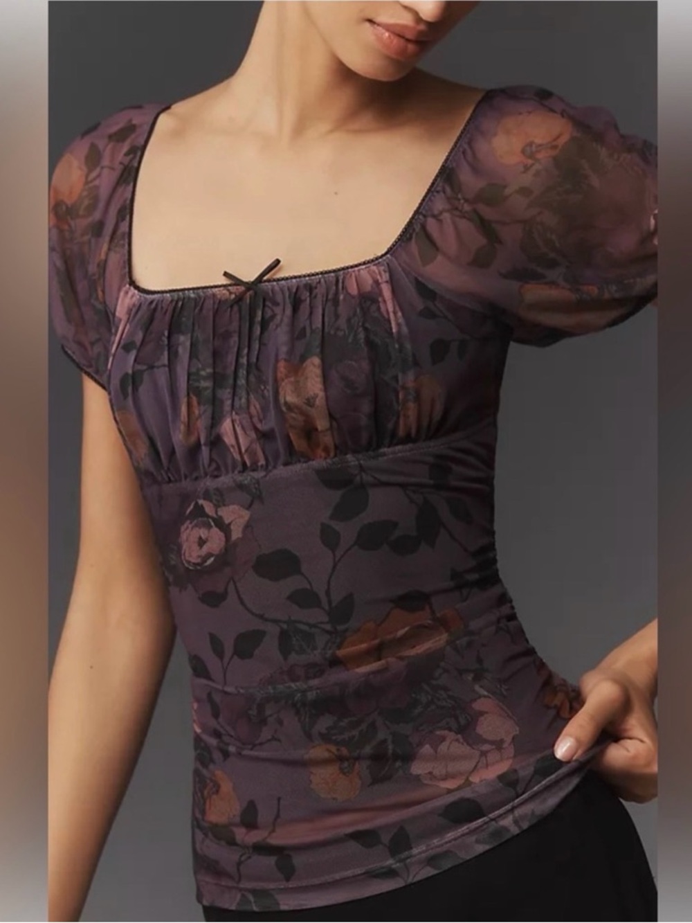 Maeve Mauve Floral Sheer Puff-Sleeve Top